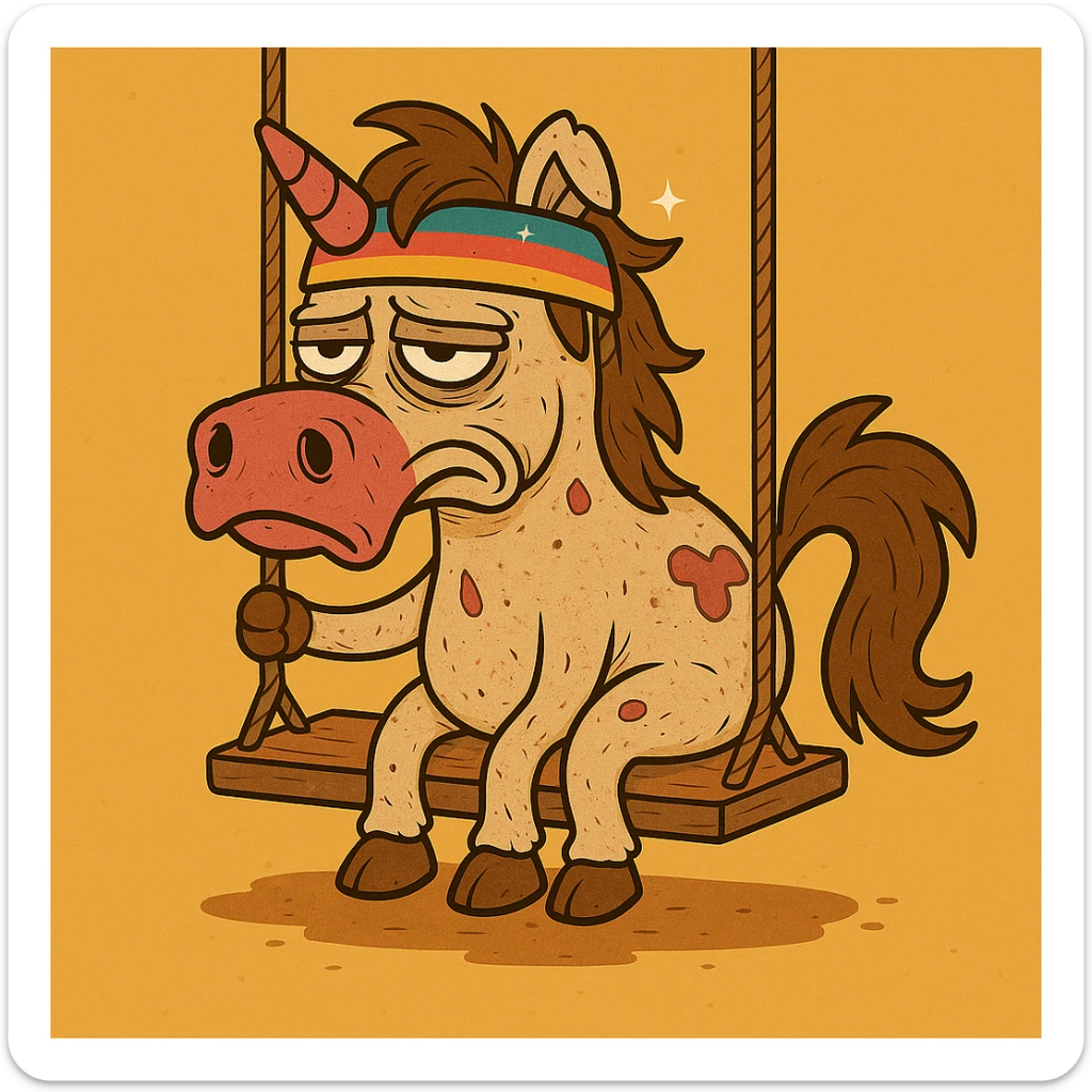Place the unicorn on a swing in a cartoon style. The unicorn remains dirty, crumpled, with bags under its eyes, a drooping horn, and a bright shiny headband. Maintain the cartoon style look. sticker