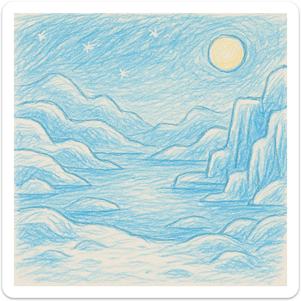 whimsical icy planet landscape for a children's book page, soft blue and white tones, gentle snow, shimmering ice, large open area for text, no characters, friendly and magical atmosphere sticker