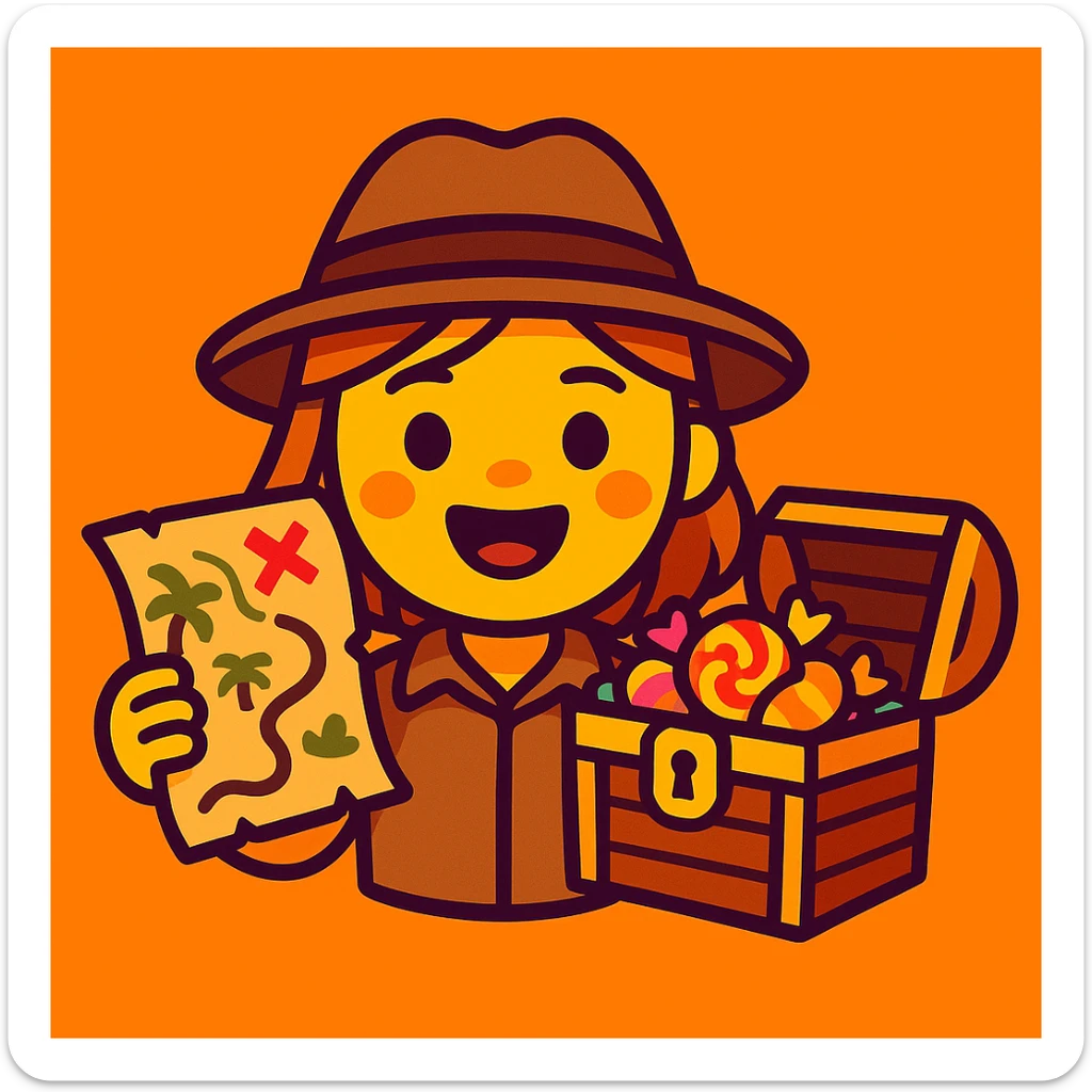 Create an emoji in a vibrant toon style that conveys the atmosphere of a short story about a girl who found a treasure map and went on an adventure with friends. Include elements of adventure such as a treasure map, a chest filled with candies, and a friendly, joyful atmosphere. Maintain a cartoonish style with bright colors, capturing the spirit of fun and exploration. sticker