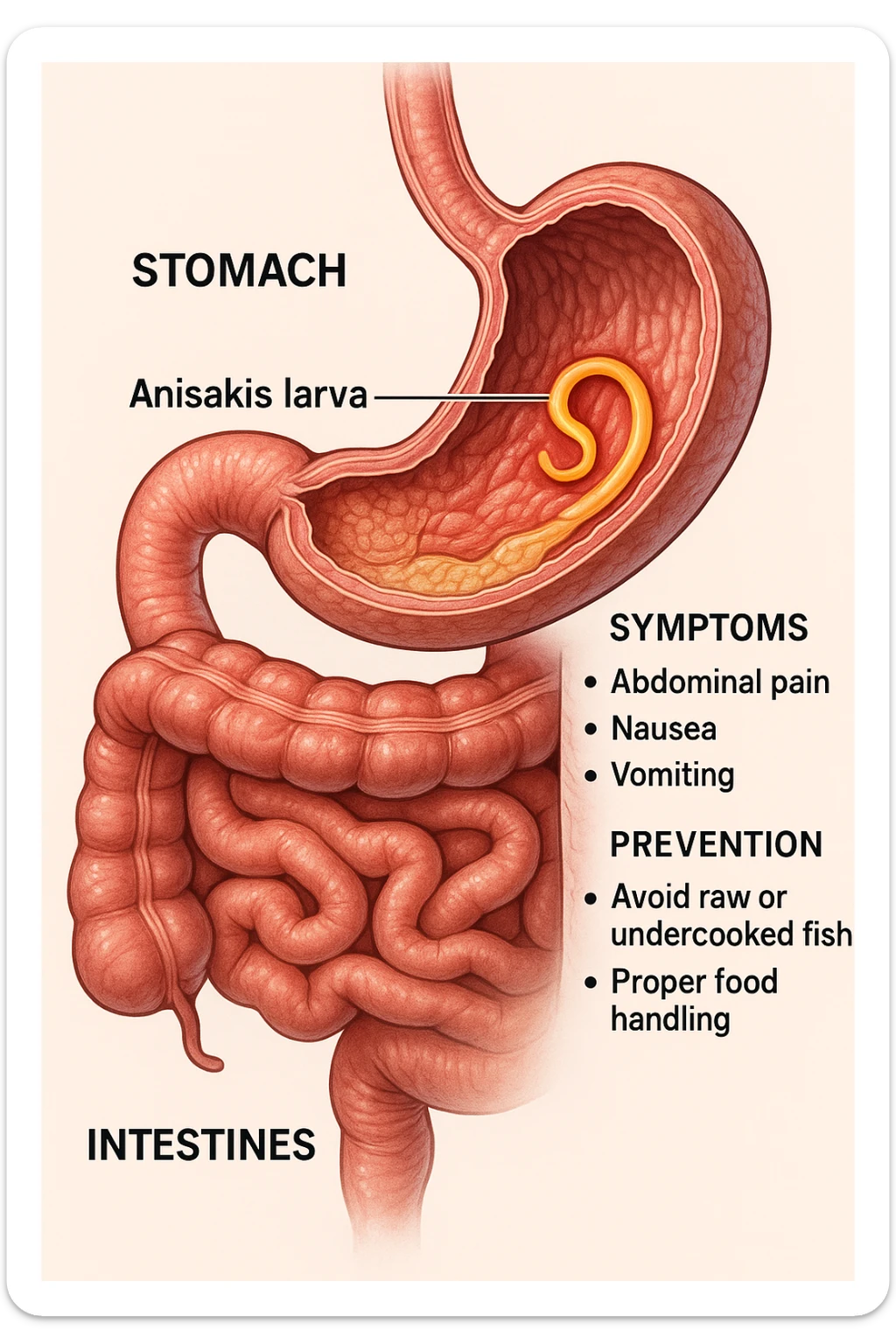 a cutaway view of the human digestive tract, showing an Anisakis larva attached to the stomach or intestinal wall. The parasite is highlighted in color, with surrounding tissue rendered in realistic detail. Educational labels describe symptoms and prevention. sticker