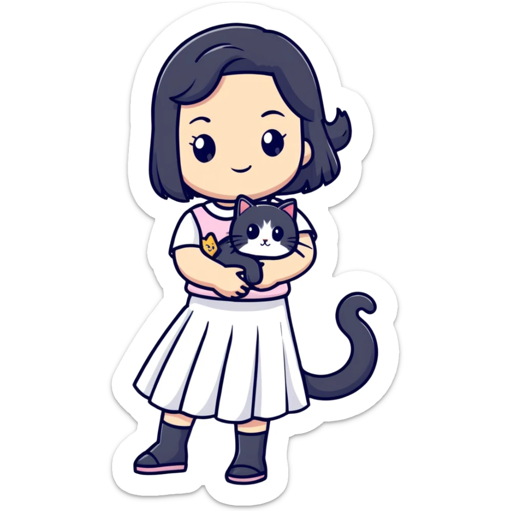 A beautiful girl with long black hair wearing a white skirt holds a cute white cat in her arms sticker