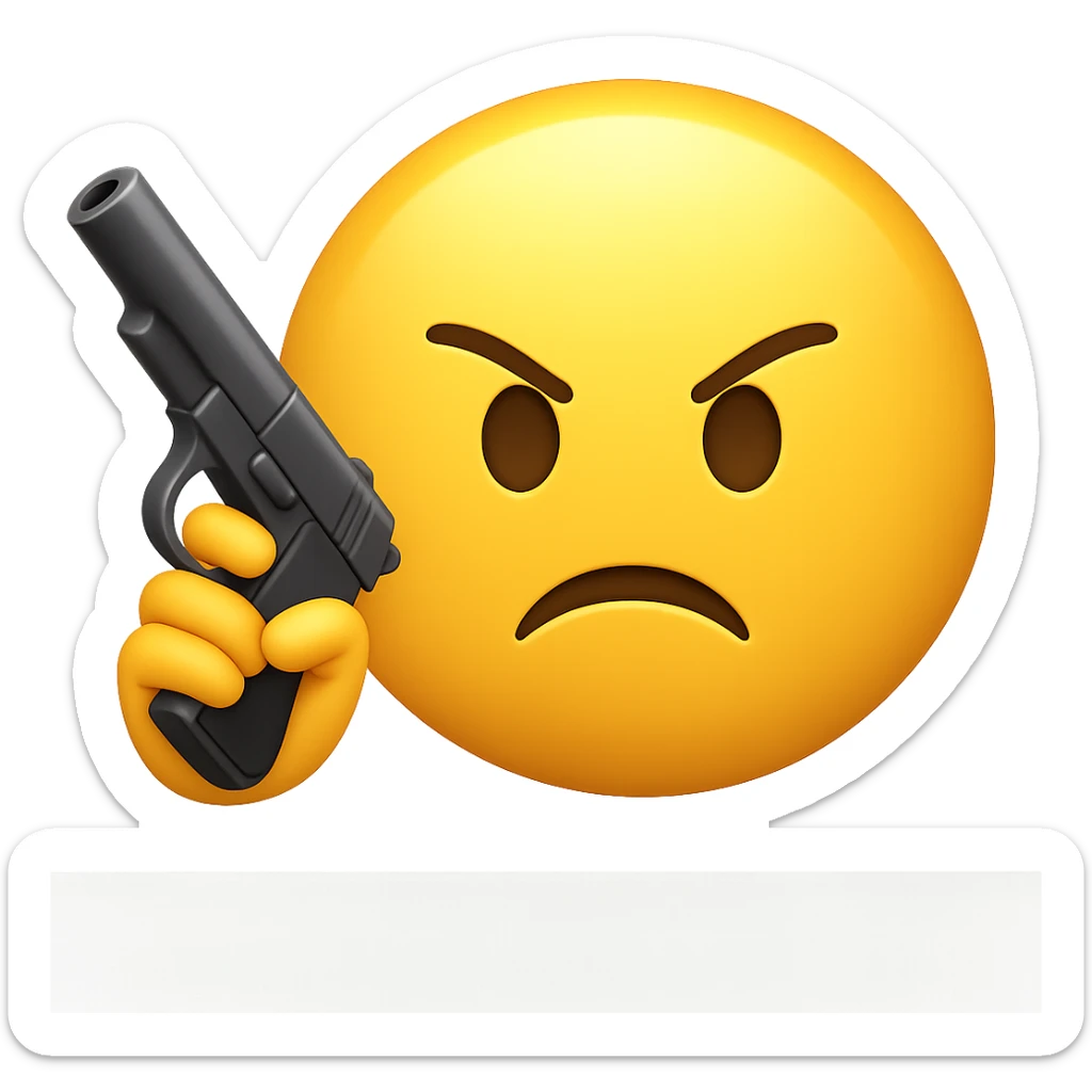 Create a classic yellow angry emoji holding a gun in hand, in the style of Apple emojis, with no background. sticker