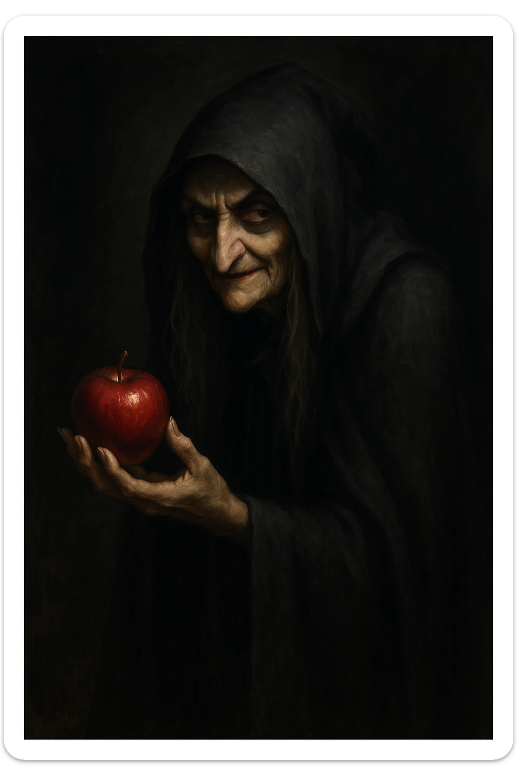 Snow White witch, classic fairytale villain, holding a red apple, dark cloak, mysterious expression sticker