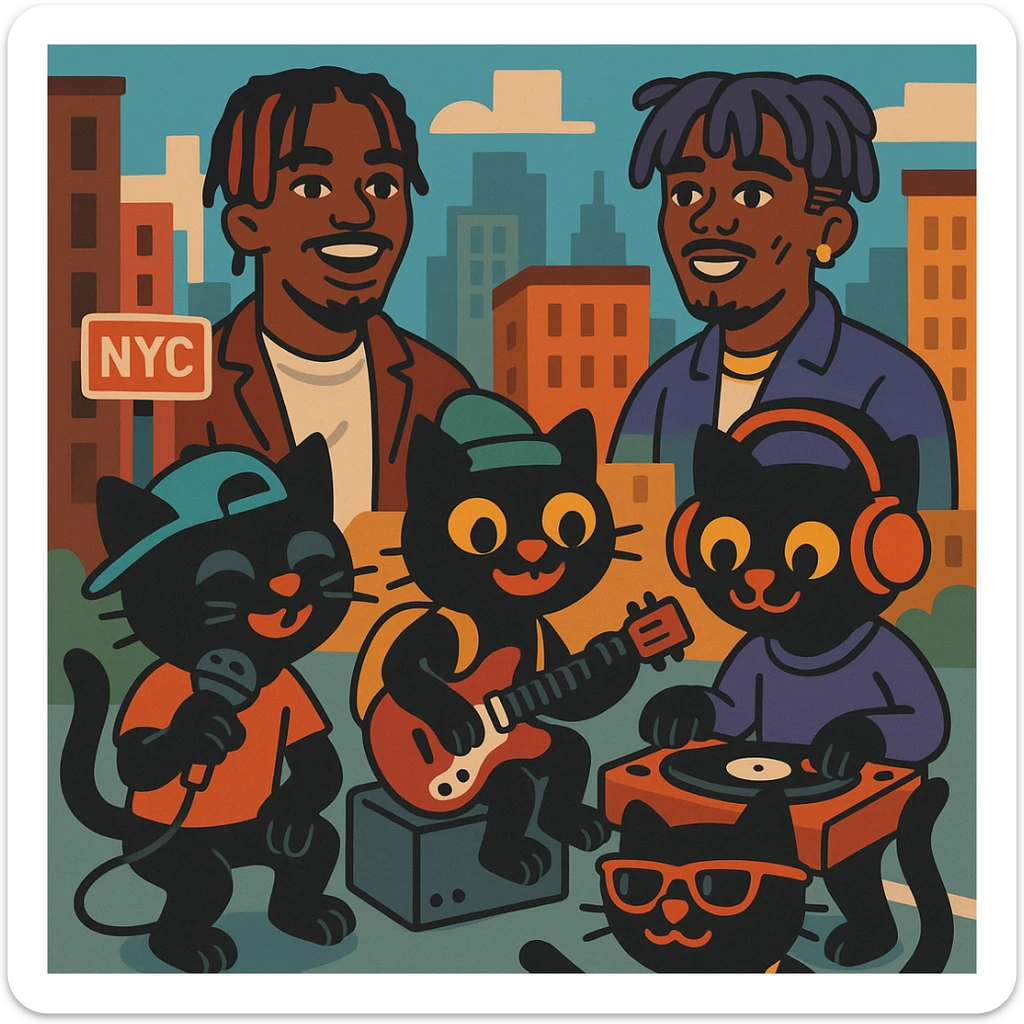 flat toon style funky black cat gang making music in New York with Playboi Carti and Lil Uzi Vert in the background sticker