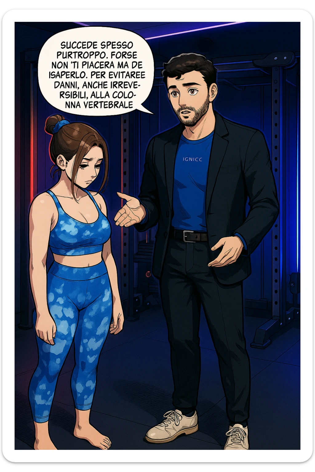 fai questa immagine in versione fumetto/manga/webtoon a colori, il manga mostra l'uomo che risponde alla donne:
Succede spesso purtroppo. 
Forse non ti piacerà ma devi saperlo, per evitare danni, anche irreversibili, alla colonna vertebrale e un potenziale intervento chirurgico. sticker