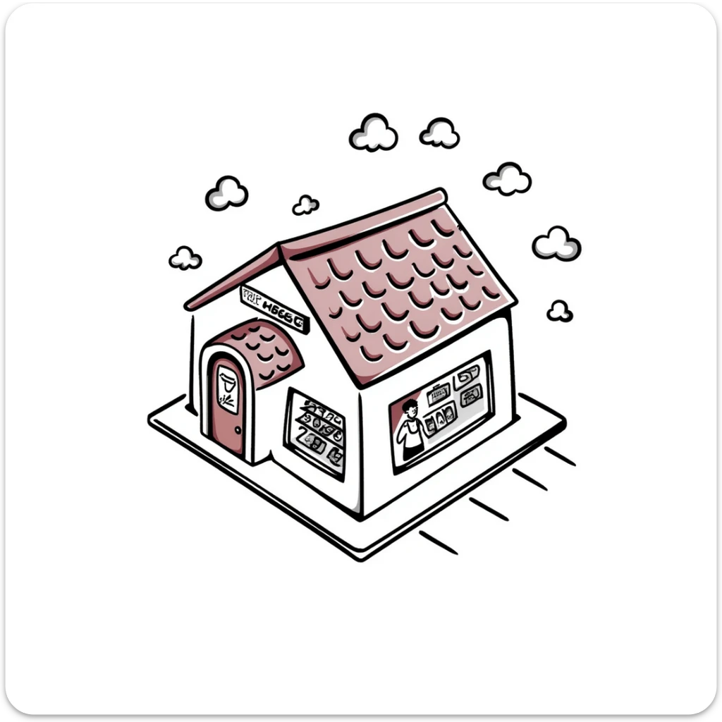 isometric view of a supermarket with a distinctive red tiled roof, glass entrance, and small parking lot sticker