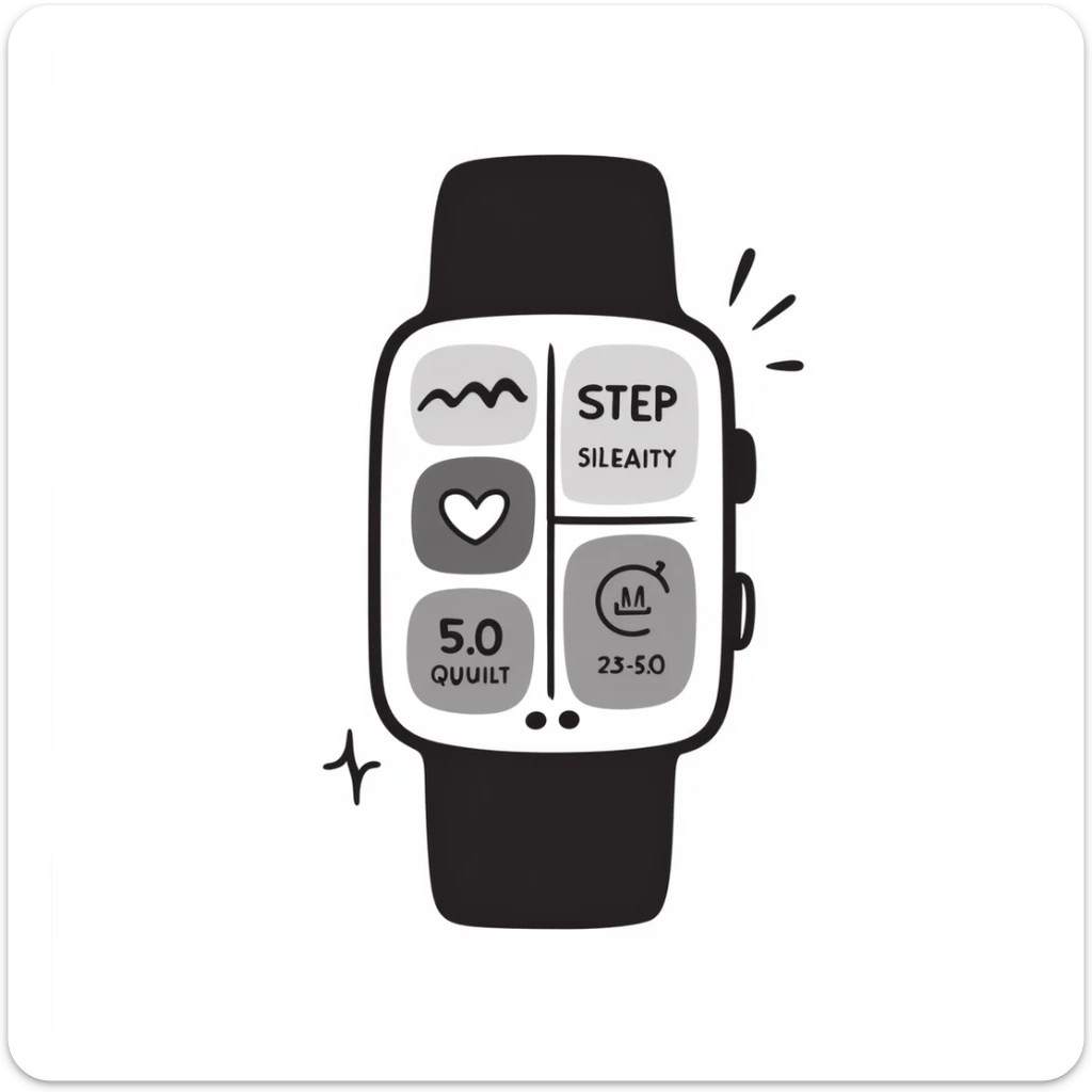 A fitness smartwatch with health tracking display in pastel colors (dd9fb0, ffc6d3, a3bfc9, c4bee2, f1b091), hand-drawn doodle style sticker