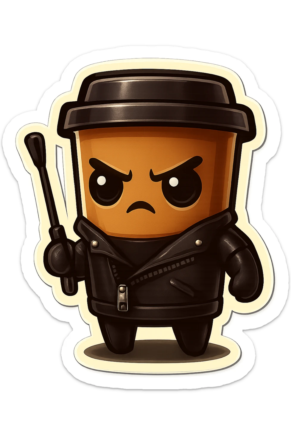 Tall coffee cup, dressed in leather holding a whipping crop, serious expression sticker