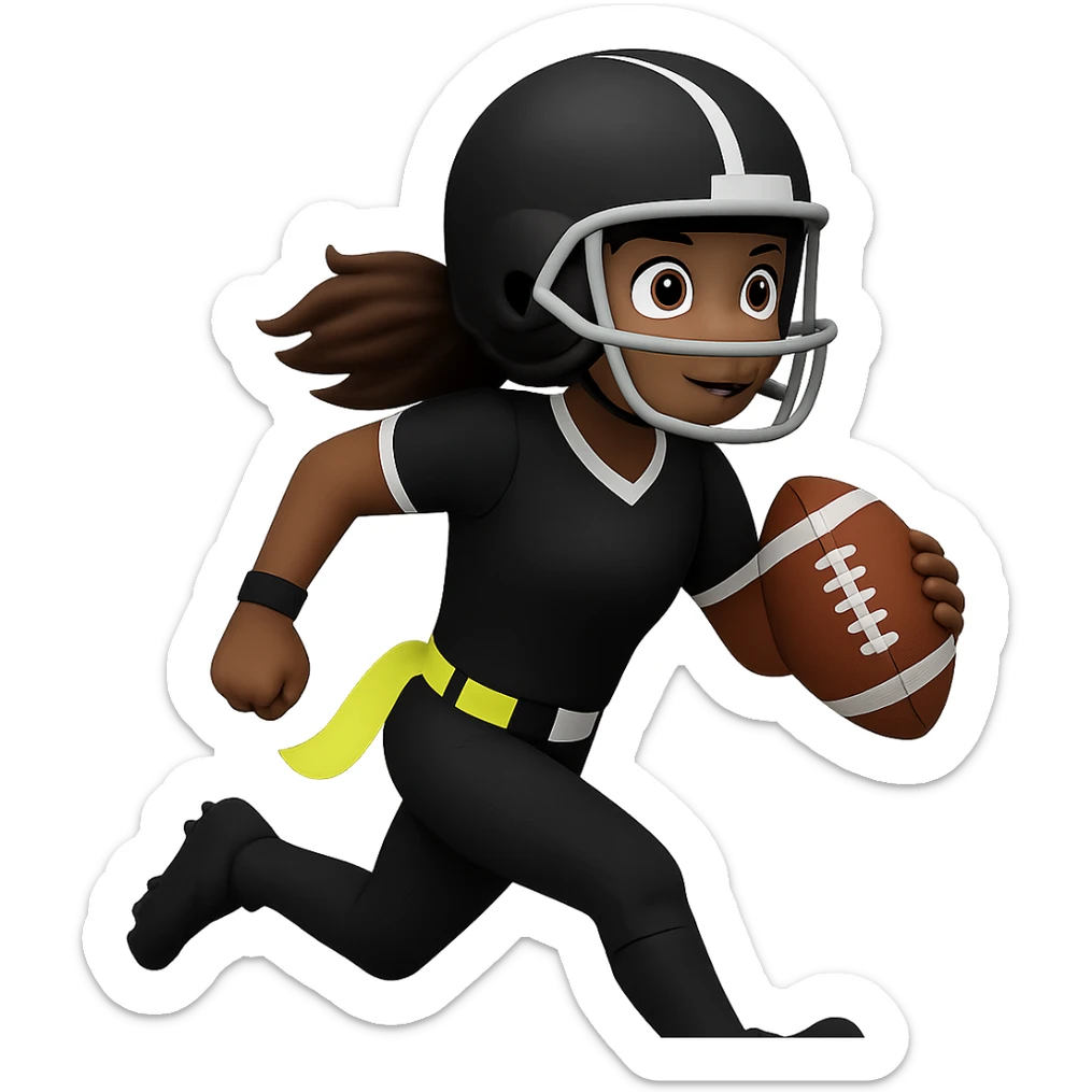 Create an emoji style image of a woman running with a football, wearing a helmet and an all black uniform with white accents. The only flag belt is lemon lime color, no other flags. She is holding one football. Keep the background transparent. sticker