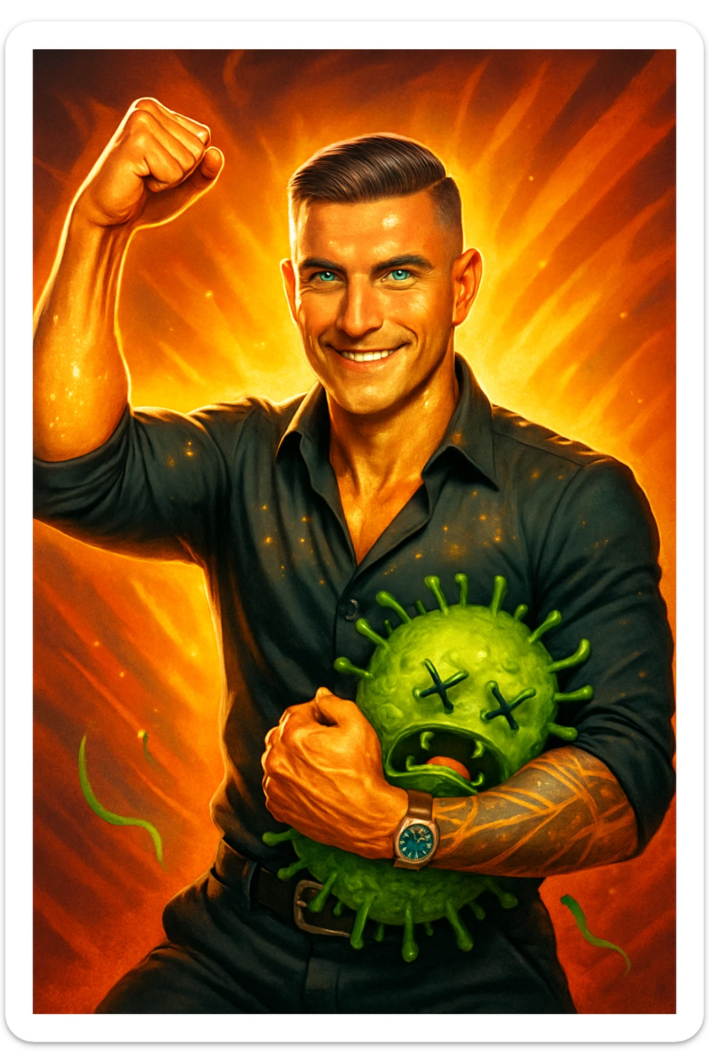 Un uomo atletico (30-40 anni) dalla pelle perfettamente liscia, senza cicatrici o imperfezioni, che emana un leggero bagliore dorato (metafora degli anticorpi).
Occhi brillanti con riflessi blu-verdi (simbolo di salute estrema).
Postura eroica, con un braccio sollevato in un gesto di forza, mentre con l'altro tiene un batterio gigante schiacciato come se fosse un mostro sconfitto. sticker