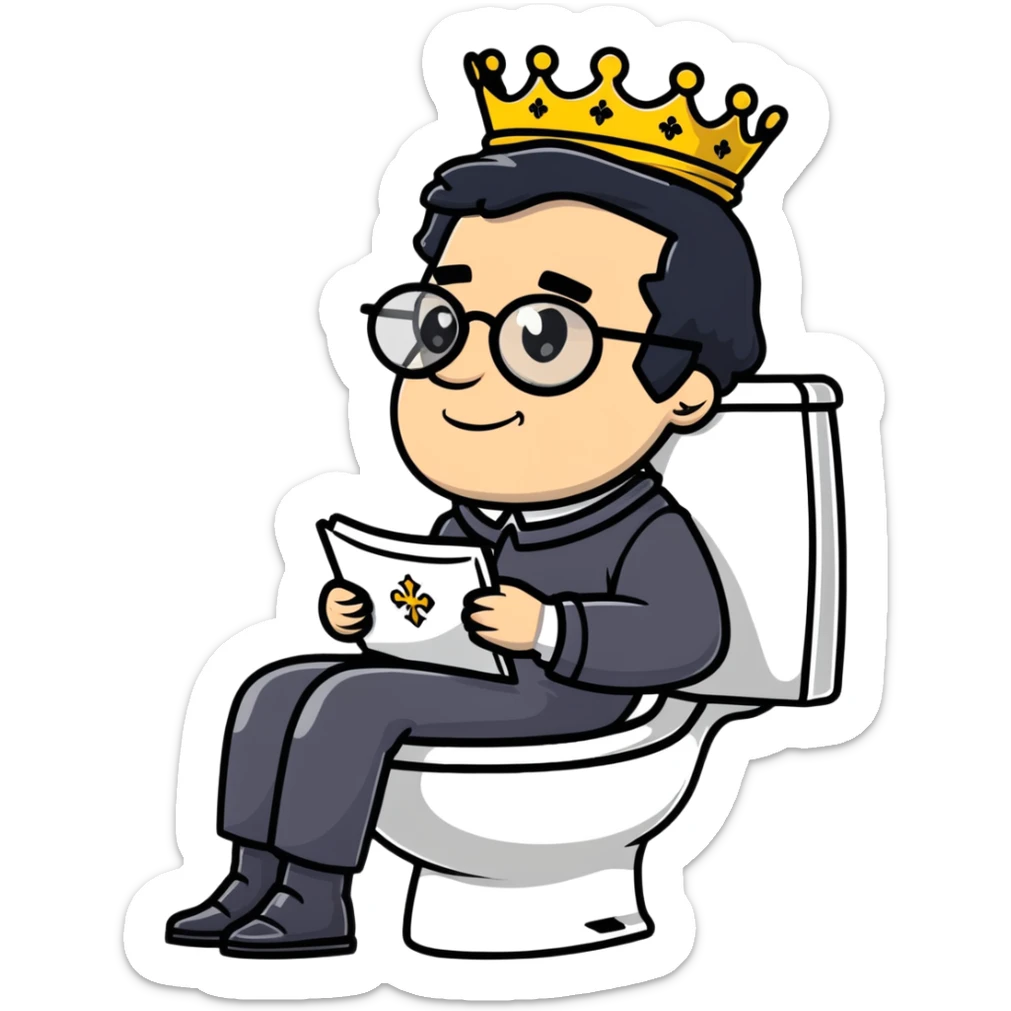 King Charles III with crown sitting on a toilet, wearing round glasses and black hair sticker