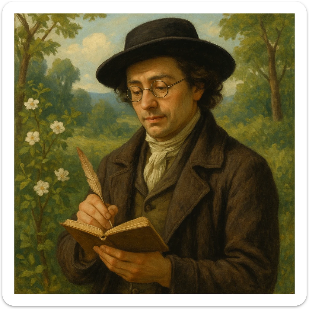 a poet dressed in traditional costume, wearing a chapeau and round glasses, holding a notebook, surrounded by nature, with a gentle and thoughtful expression sticker