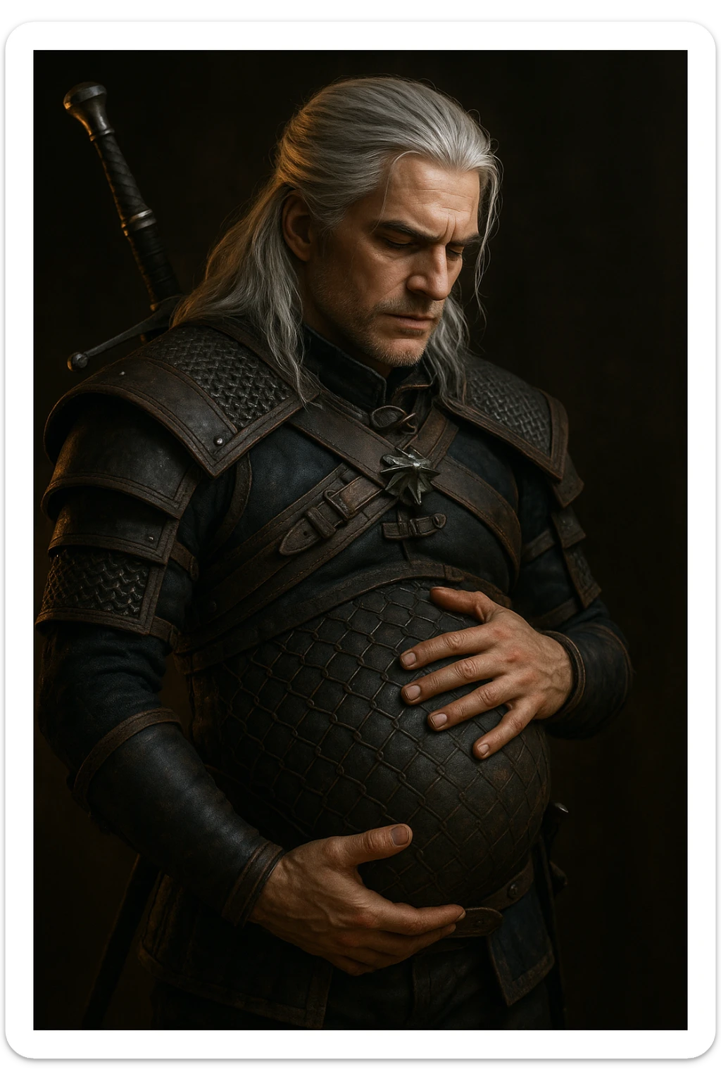 Geralt of Rivia holding his pregnant belly, 3D fantasy style, silver hair, medieval armor, dramatic lighting sticker