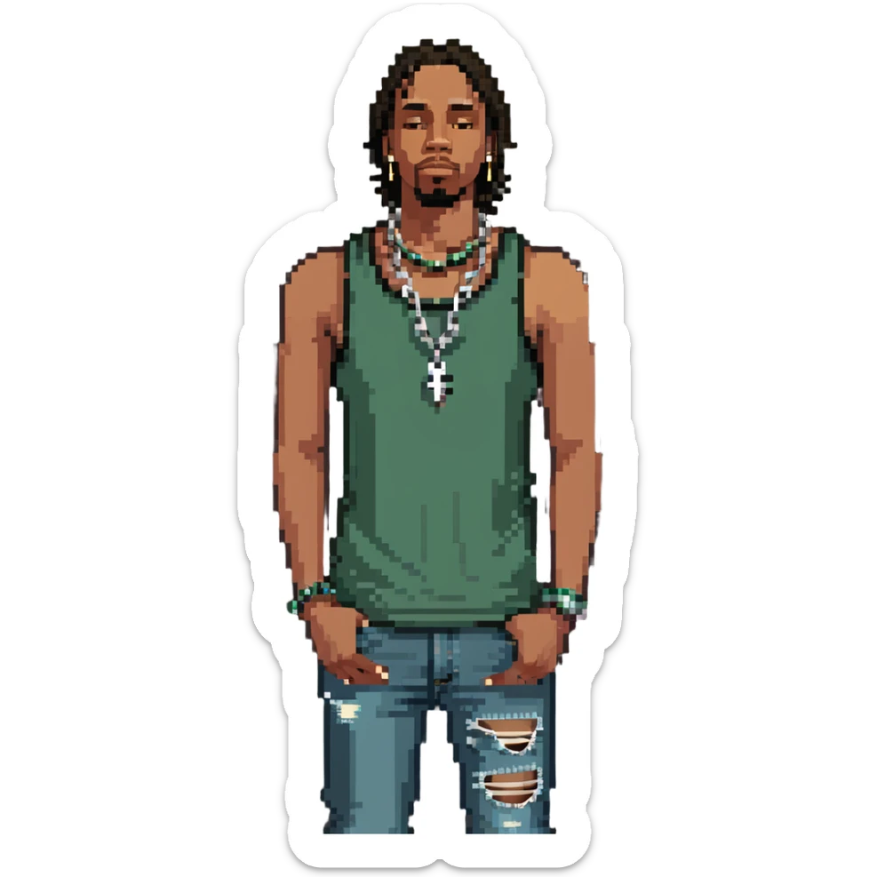 CJ from GTA San Andreas with his green tank top, jeans and chain necklace sticker