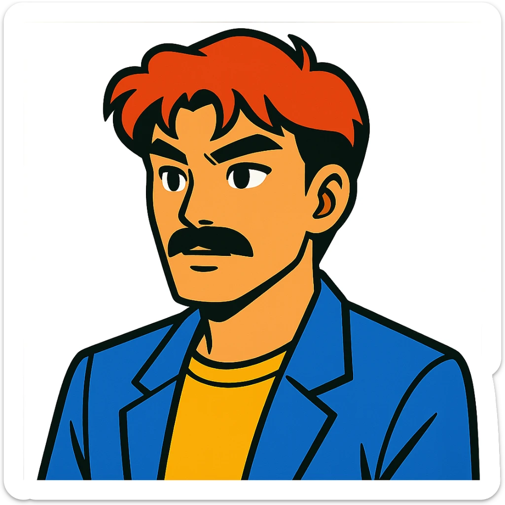 asian man with black mustache and red hair, 90's anime style, vibrant toon style sticker