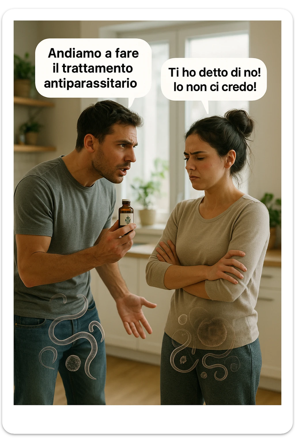 A highly realistic, cinematic photo of a young couple in their early 30s having an argument in a bright modern kitchen. The man, athletic build, wearing a casual T-shirt and jeans, is speaking firmly with a raised hand holding a small amber glass bottle labeled with a subtle herbal symbol, saying 'Andiamo a fare il trattamento antiparassitario' with a determined expression. The woman, with long dark hair tied in a messy bun, casual home outfit, crosses her arms with an angry, defensive expression, replying 'Ti ho detto di no! Io non ci credo!' while slightly turning away. Tension is visible in their body language, with the man leaning forward trying to explain and the woman leaning back, her eyebrows furrowed. Around them, subtle ghostly overlays of microscopic parasites are faintly visible near their abdominal areas, symbolizing the hidden reason for the argument. The kitchen is bright and modern with plants and natural light, contrasting the emotional tension. The style is hyperrealistic with warm tones and shallow depth of field focusing on their facial expressions, illustrating the conflict between belief in natural treatments and skepticism within the couple regarding hidden parasitic infections. in italiano sticker