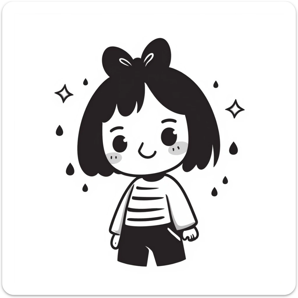 Nagy szempillás, mosolygós, csajos emoji, kézzel rajzolt, színes, vidám, nőies kiegészítőkkel mint masni, csillag, könnycsepp, barátságos, romantikus, köralakú sticker