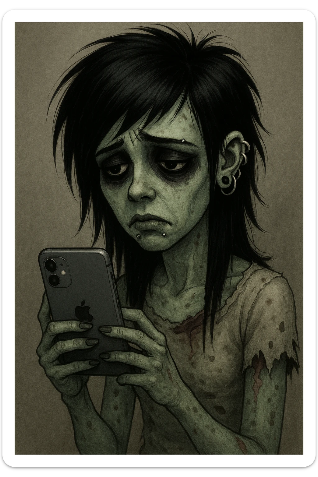 zombie girl with black emo hairstyle, heavy eyeliner, piercings, pale greenish skin, sad expression, using an iPhone sticker