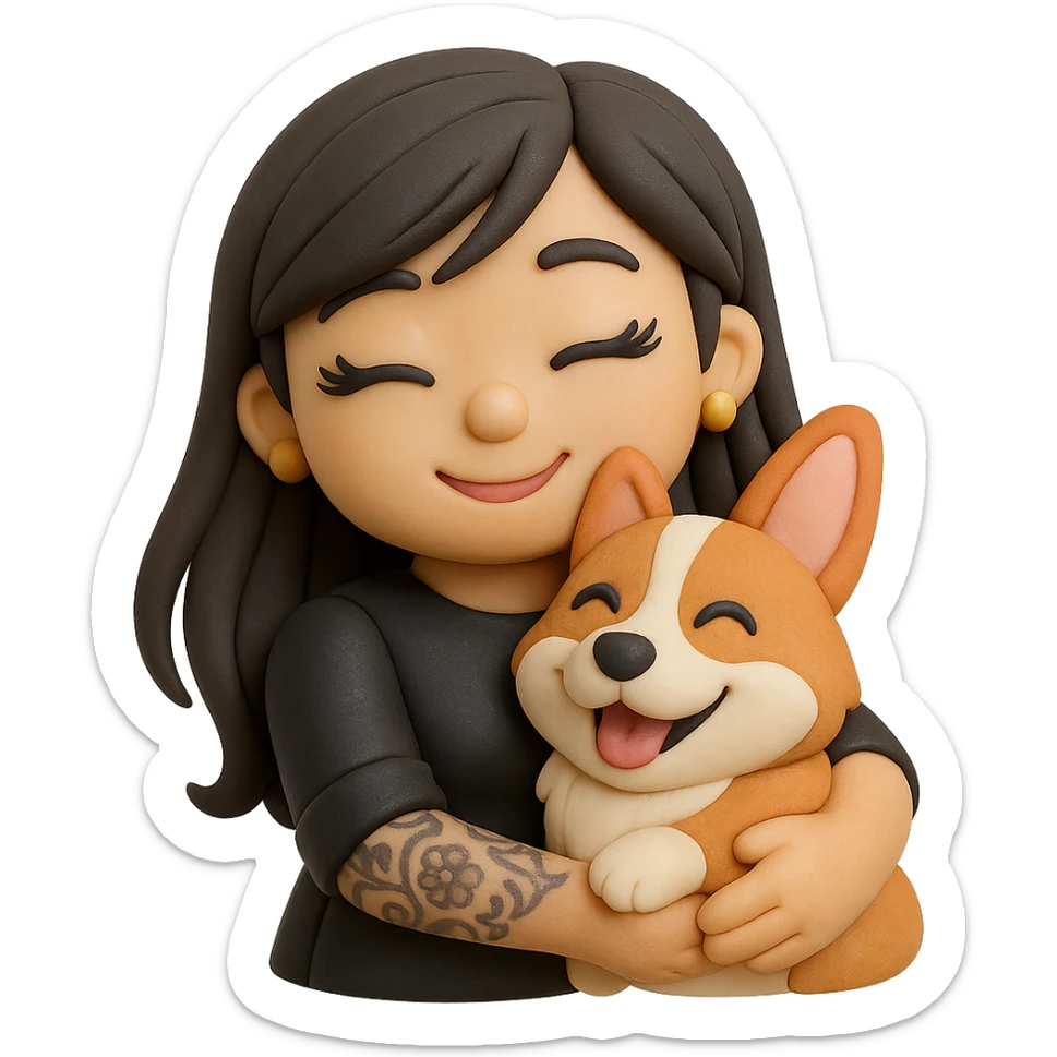 fondant cake art style emoji of an Asian girl with long hair and wispy deep side bangs, wearing a black leather dress, gold earrings, false lashes, and a 3/4 sleeve tattoo on her left arm, hugging a happy red head tri-color corgi, simplified, clear, emoji-like sticker