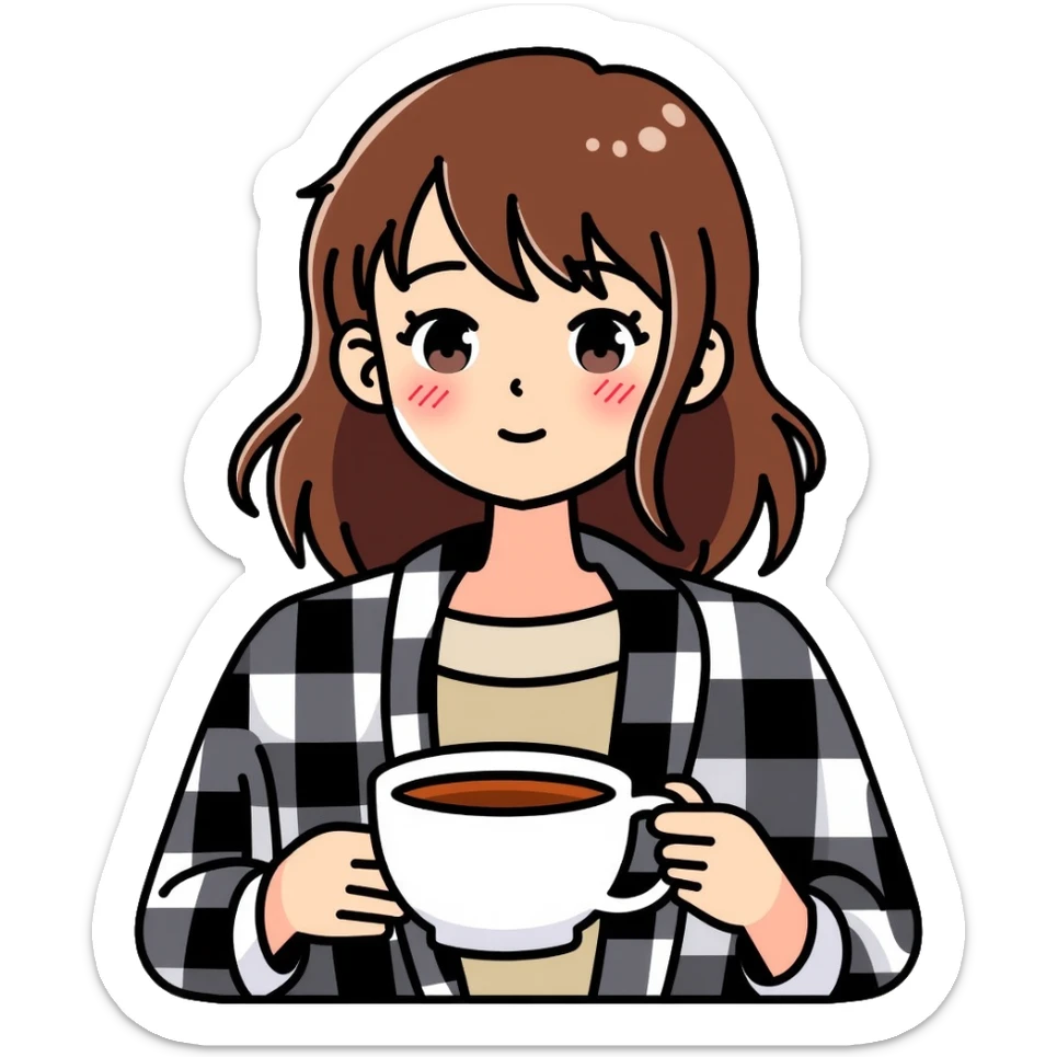 A 16-year-old girl with brown eyes and brown hair, with a black and white checkered blanket on her back, holding a white cup of tea in her hand sticker