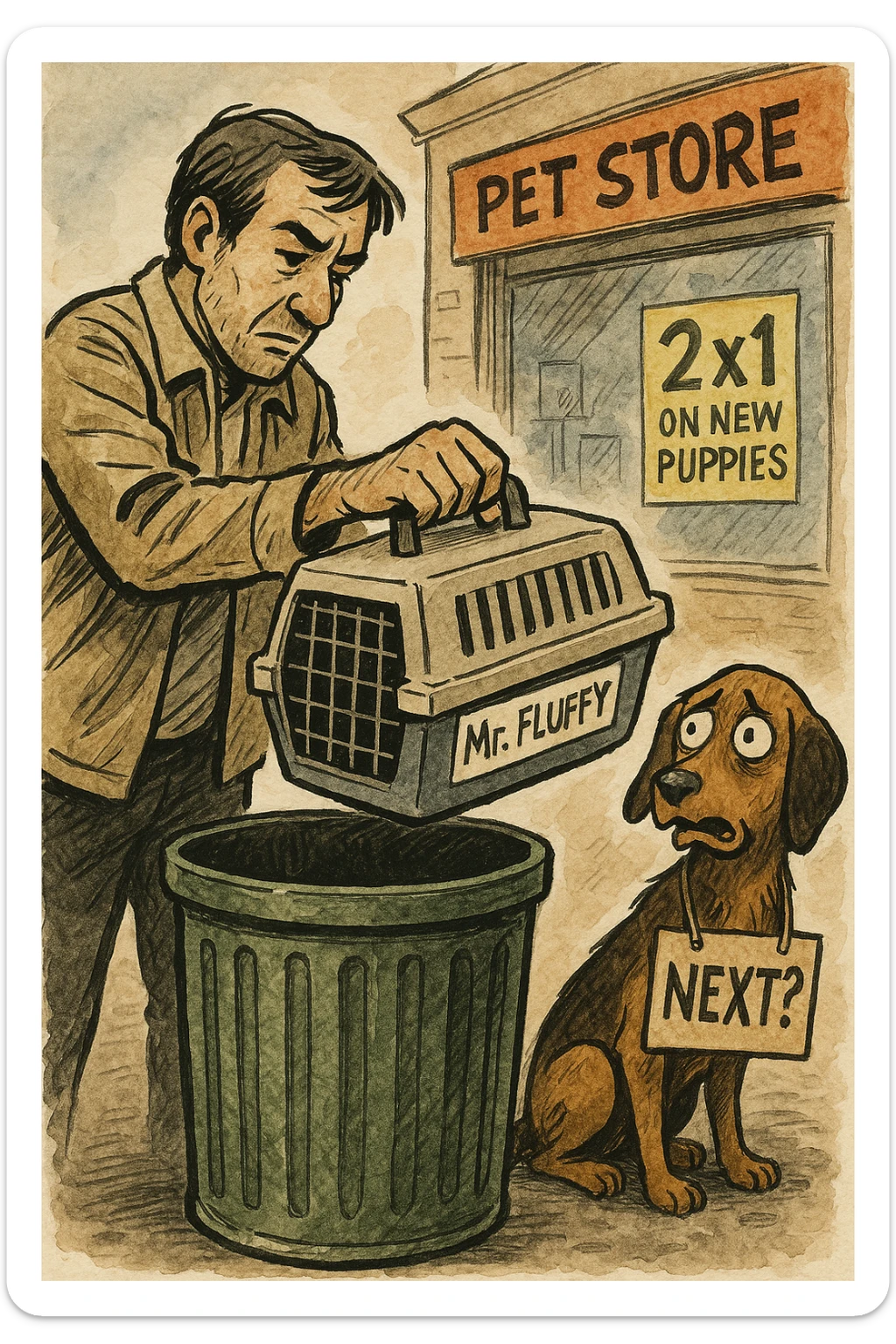 "Primo piano dell'uomo che butta il cesto del gatto (con ancora la scritta 'Mr. Fluffy') nel cassonetto, mentre il cane lo guarda terrorizzato con un cartello al collo: 'PROSSIMO?'. Sullo sfondo, un negozio di animali con l'insegna '2x1 su nuovi cuccioli'. Stile illustrazione editoriale, inchiostro e acquerello." sticker