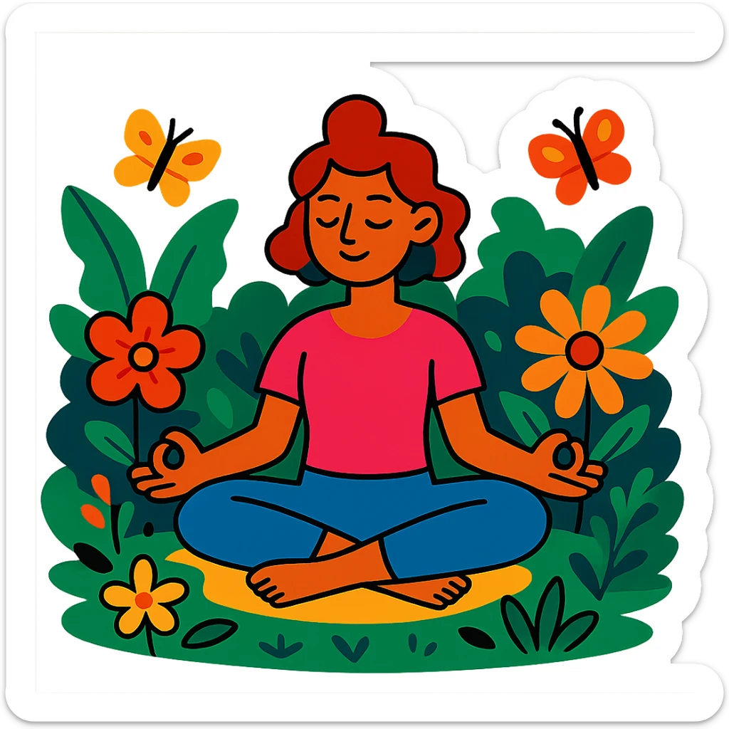 A vibrant self-care scene with a person practicing yoga in a lush garden, surrounded by flowers and butterflies sticker