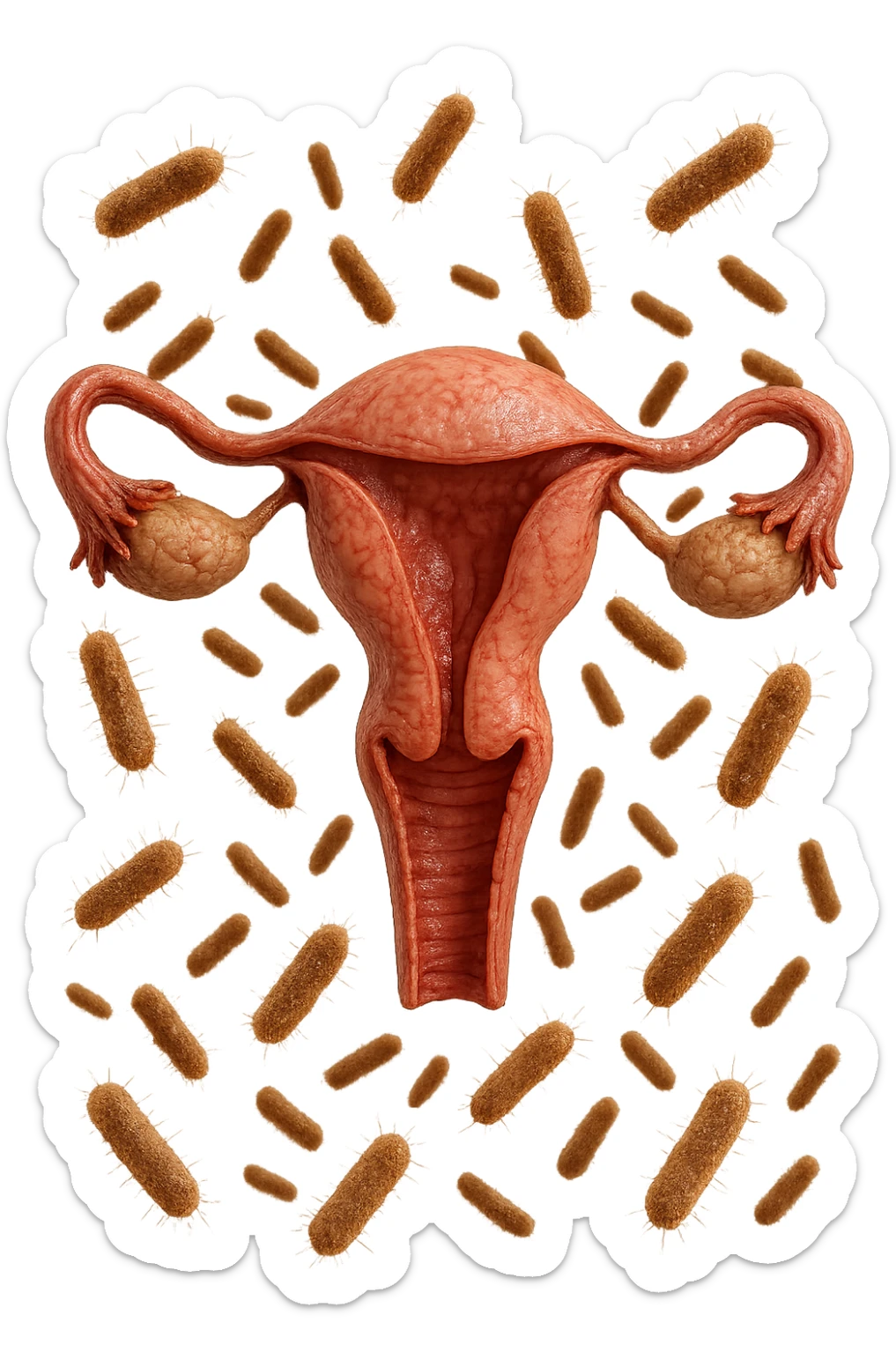 batteri intestinali fluttuano intorno ad un utero umano anatomico, iperrealistico 4k sticker