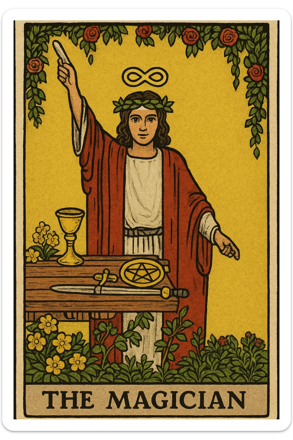 The Magician tarot card emoji in the style of Rider Waite Smith, featuring a robed figure with one hand pointing to the sky and the other to the earth, surrounded by symbols of the four suits, mystical and classic tarot illustration look sticker