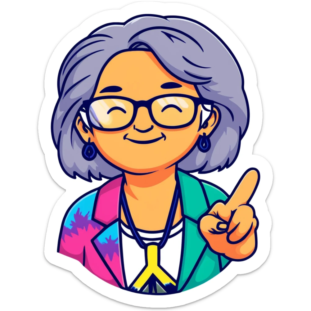 Elderly woman with long gray hair, peace sign necklace, colorful tie-dye clothing, round glasses, hippie grandma with a relaxed smile sticker