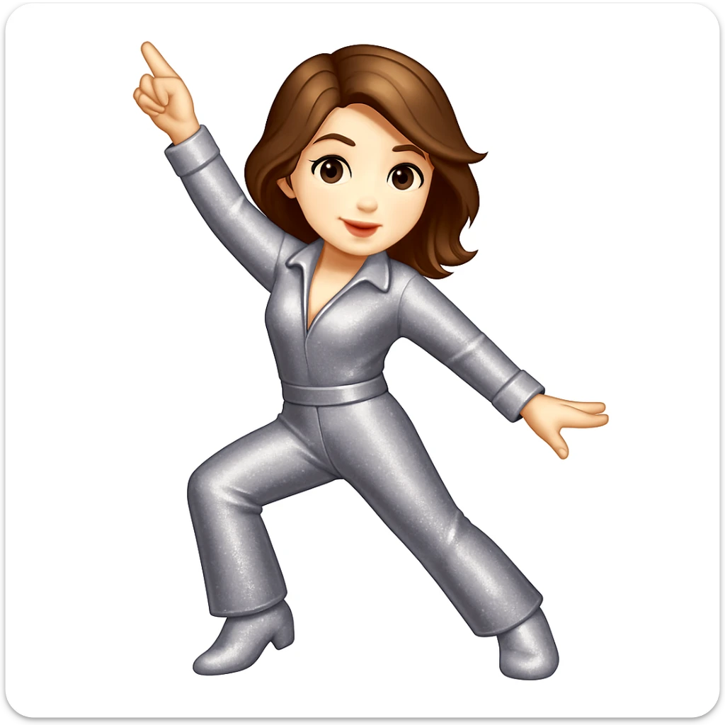 Make the woman do the exact pose of the 🕺🏻 emoji (one arm up, one arm out, one leg bent), keep white skin, brown hair, sparkly jumpsuit, emoji style sticker