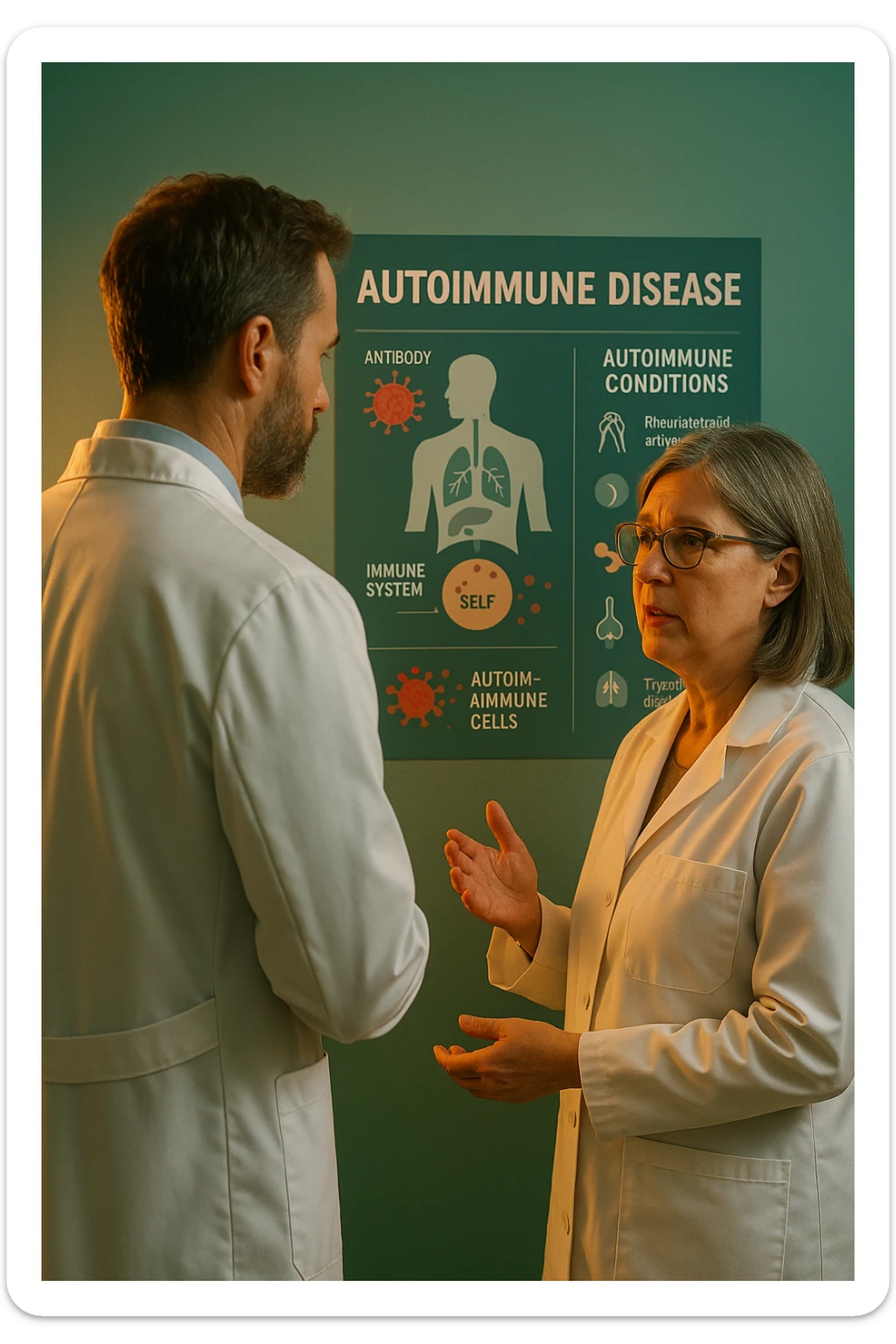 Realistic, detailed photo taken from behind of one doctor e un paziente —a bearded man and a middle-aged woman—standing and facing each other as they discuss an autoimmune disease diagnosis in front of a medical chart that displays information about the immune system and autoimmune conditions. The scene is illuminated by a yellowish, orange, warm light that softly envelops the doctors. The entire room is bathed in a single green-blue color, creating a cohesive and modern atmosphere. Both doctors wear white coats, and their body language suggests a serious, professional conversation about the complexities of autoimmune diseases. Shot with a Canon EOS R5, with high detail and natural depth of field. in italiano sticker