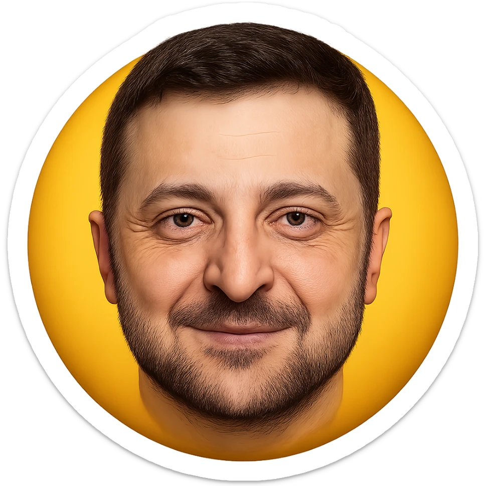 portrait of Vladimir Zelensky as a round face emoji with highly detailed and accurate facial features, realistic hair and beard, expressive eyes, friendly expression, high quality sticker