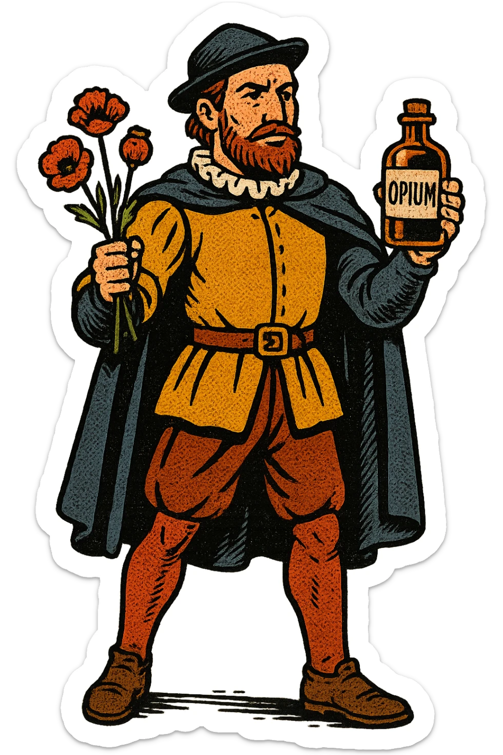 the full body of a tudor explorer sailor holding small poppies and an old medicine bottle with the word opium on it sticker