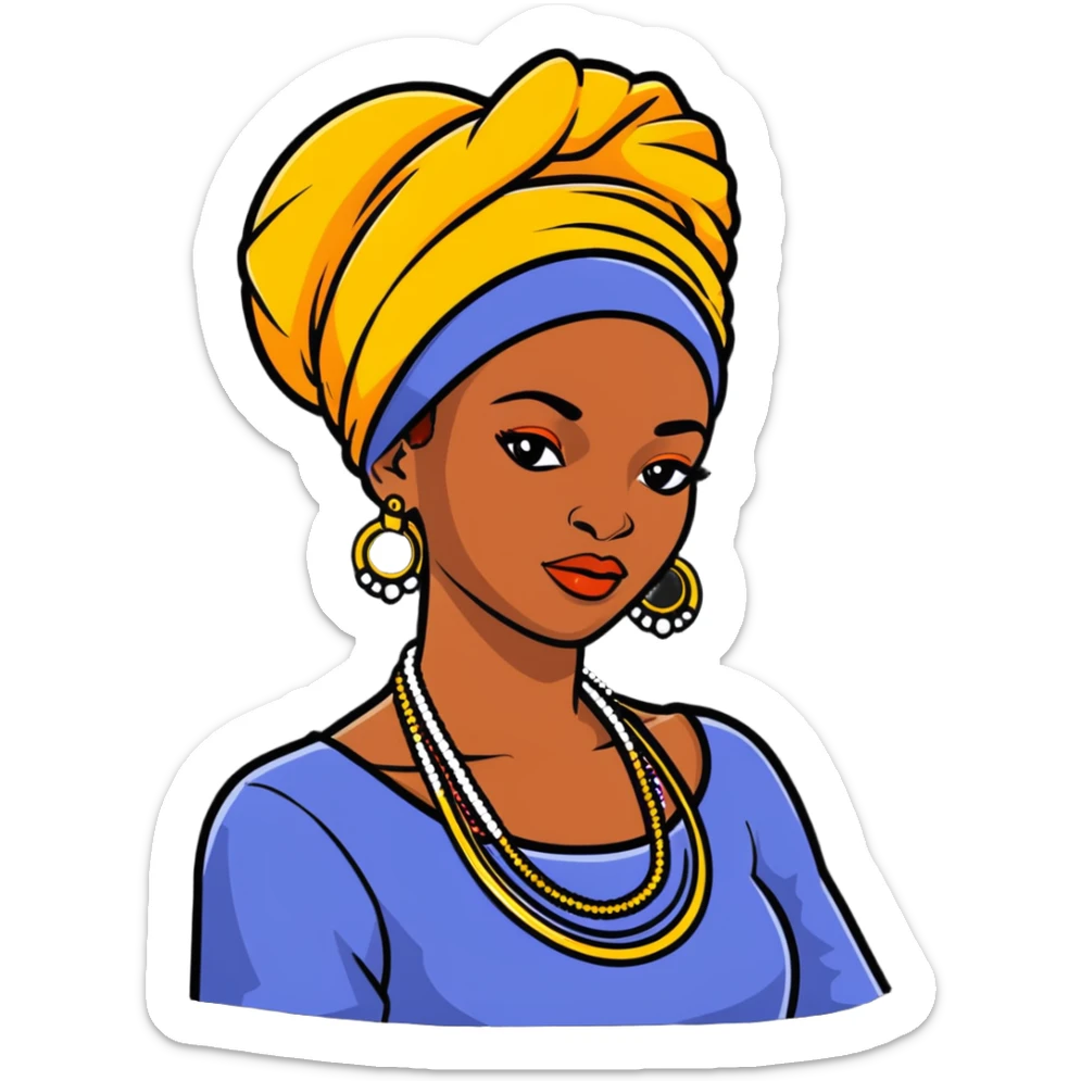 Fashionable African woman with designer clothes, stylish headwrap, statement jewelry and confident pose sticker