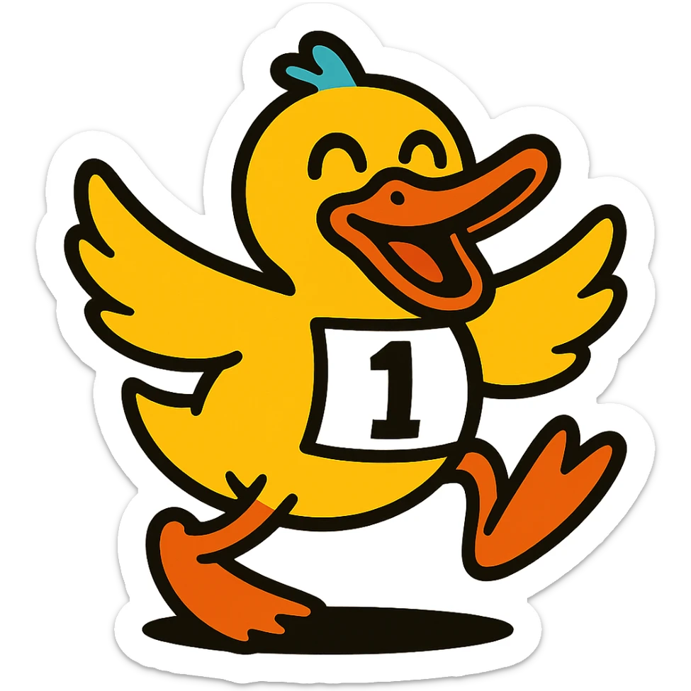 Add a bold racing number to the energetic, vibrant toon style dancing cartoon duck emote for a duck race. Make sure the number is clearly visible and fits the emote style. sticker