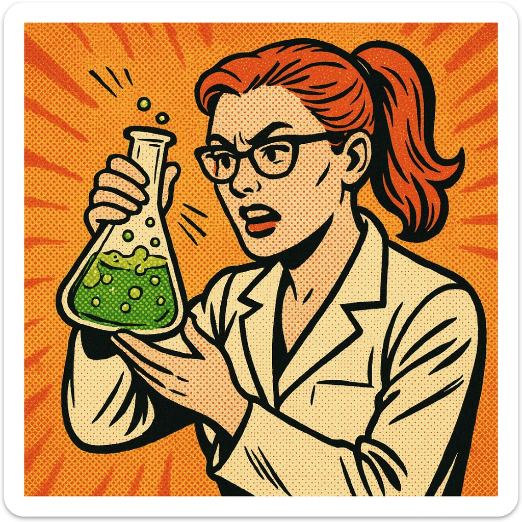 red-haired female chemistry professor wearing white lab coat and glasses, hair tied back, comic book style sticker