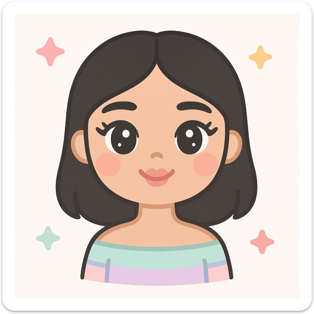 viral emoji girl, beige skin tone, straight eyebrows, cat eyes with cute eyelashes, light blush, pink cupid-shaped lips, black off-shoulder 1b hair, wearing an aesthetic top, kawaii style sticker