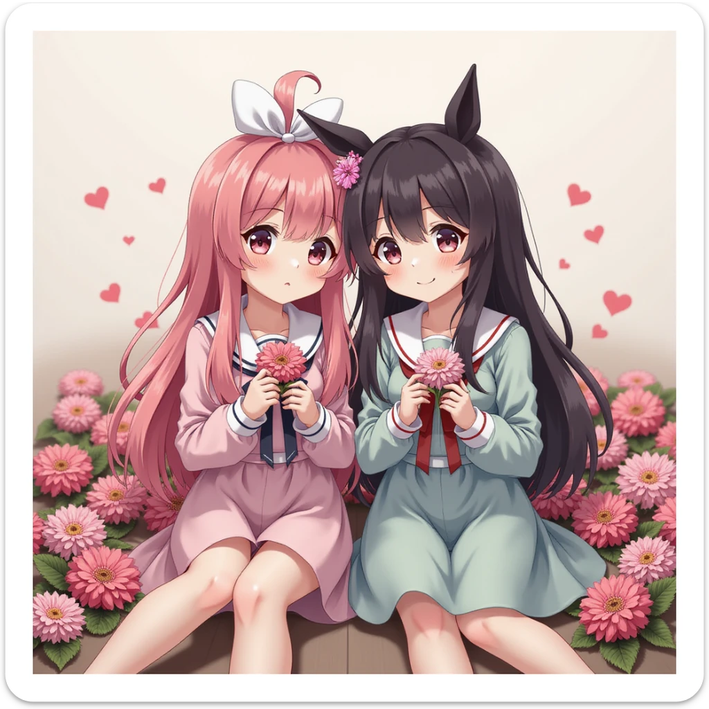 Kuromi and My Melody together, photorealistic style, sitting side by side, surrounded by real flowers sticker