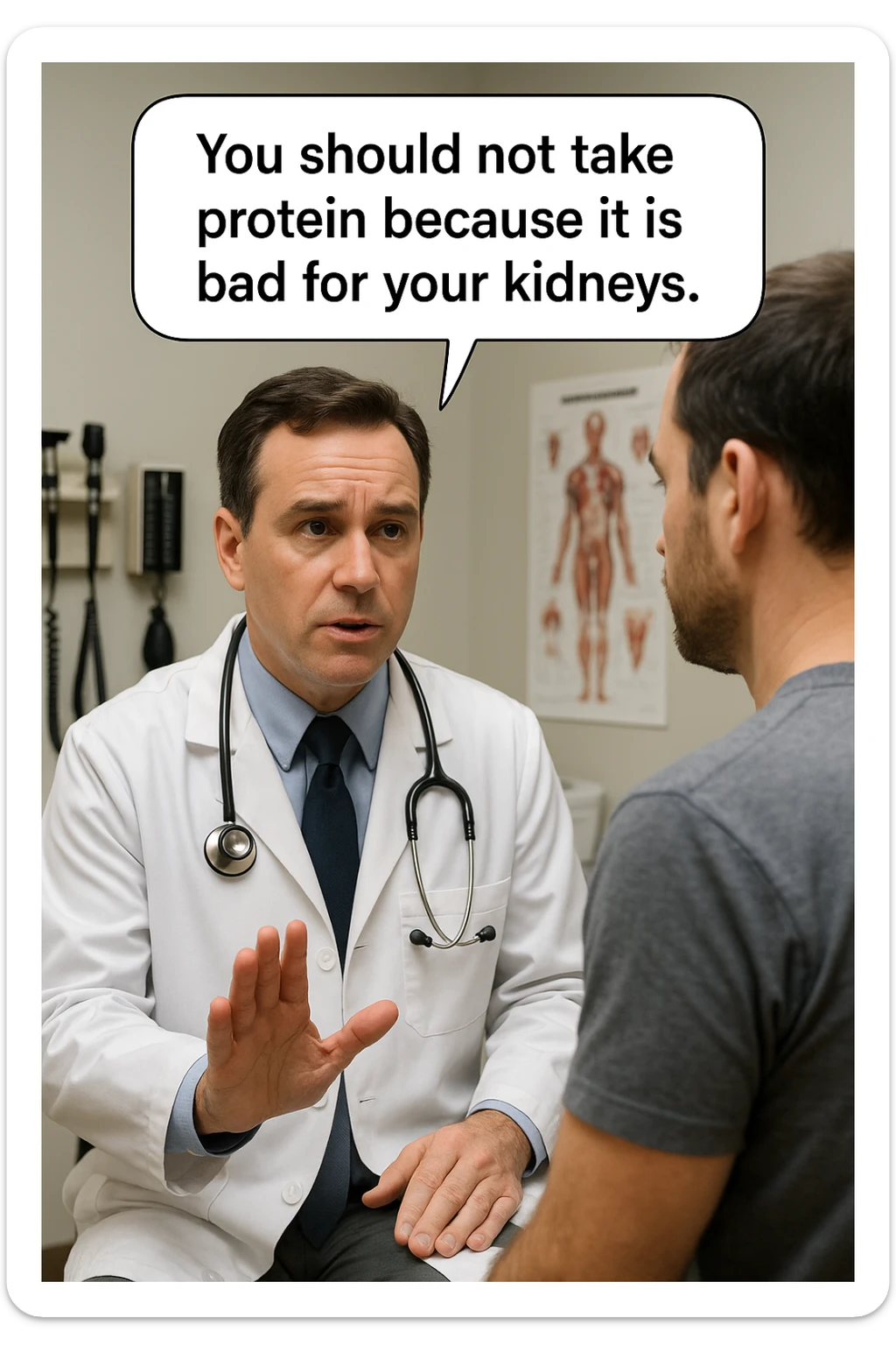 dottore che dice al paziente di non prendere proteine perchè fanno male ai reni in italiano sticker