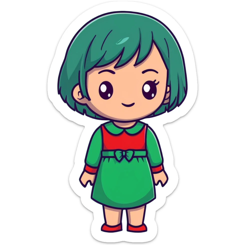 girl with dark green hair, red eyes, and a red dress sticker