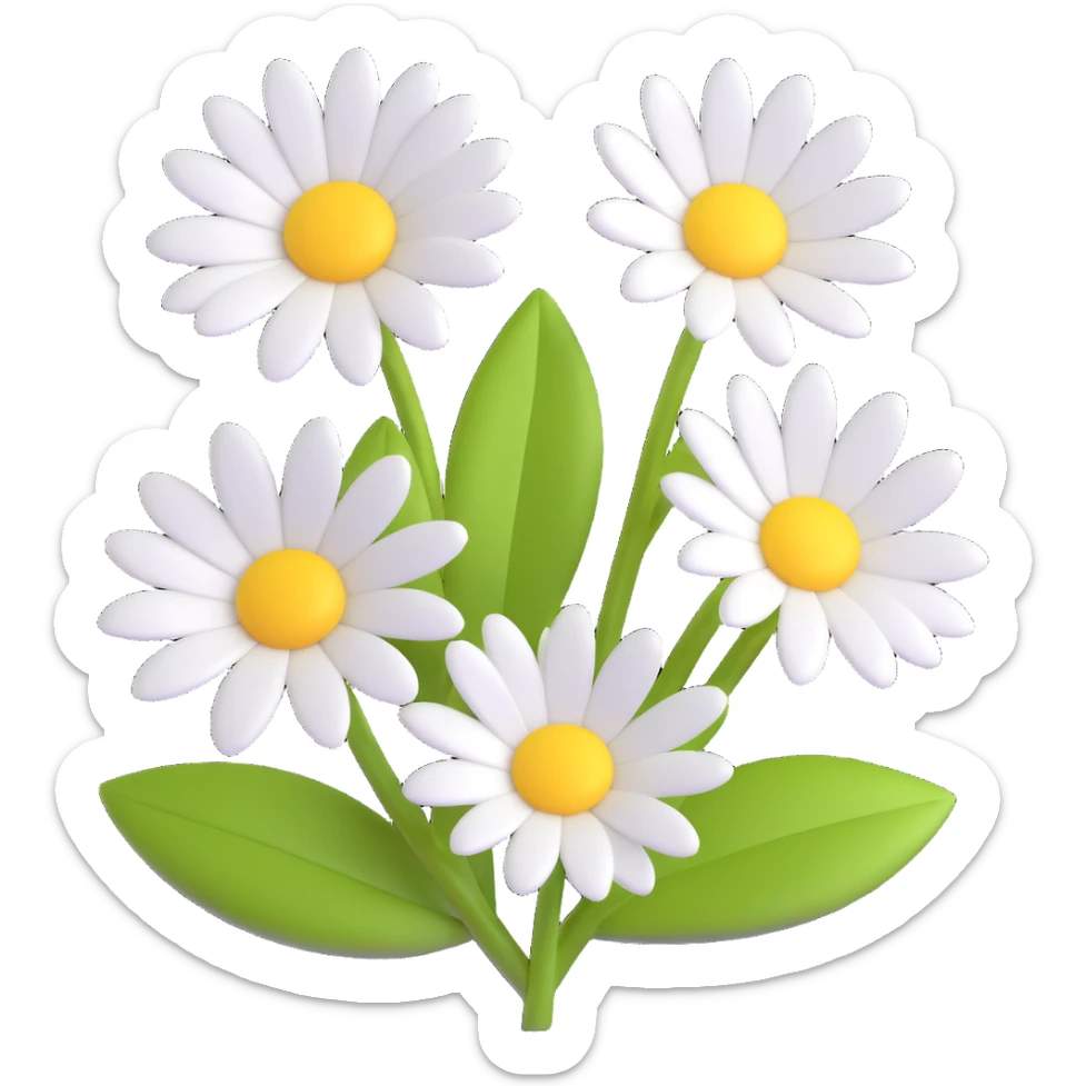 3D iOS style emoji of a bouquet of three cartoon daisies with white petals and yellow centers, green leaves, shiny and smooth, soft shadows, vibrant and friendly look, inspired by Apple emoji aesthetics sticker