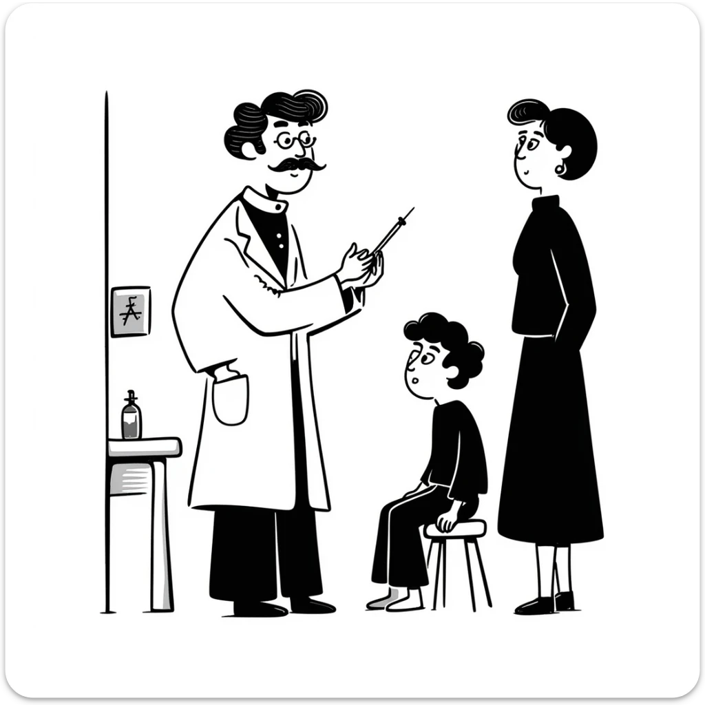 A Victorian doctor giving a young poor boy a vaccination with the boy's mother in the background looking worried sticker