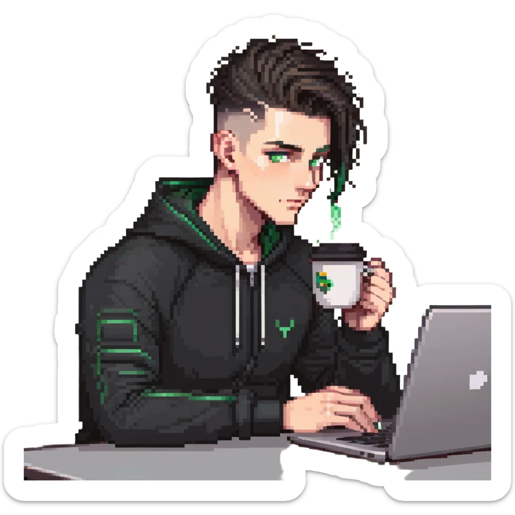 male with dark hair, high fade haircut, high slick back hairstyle, green eyes, wearing a black tracksuit, coding on black laptop, drinking coffee sticker