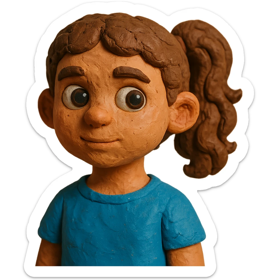 girl with brown curly hair in a ponytail, brown eyes, brown hair, claymation style sticker