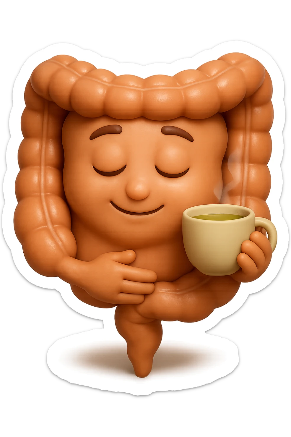 emoji stile iphone 3d di intestino umano sereno che si tocca la pancia mentre sorseggia un thè alle erbe, iperrealistico 4k sticker