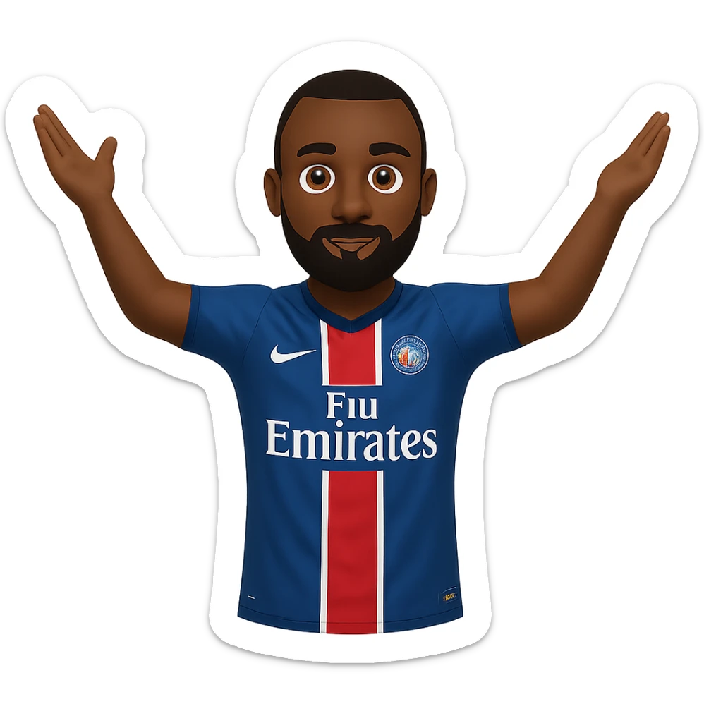 Add a beard to Matuidi with arms-out celebration pose, wearing PSG kit, in emoji style. Remove the background. sticker