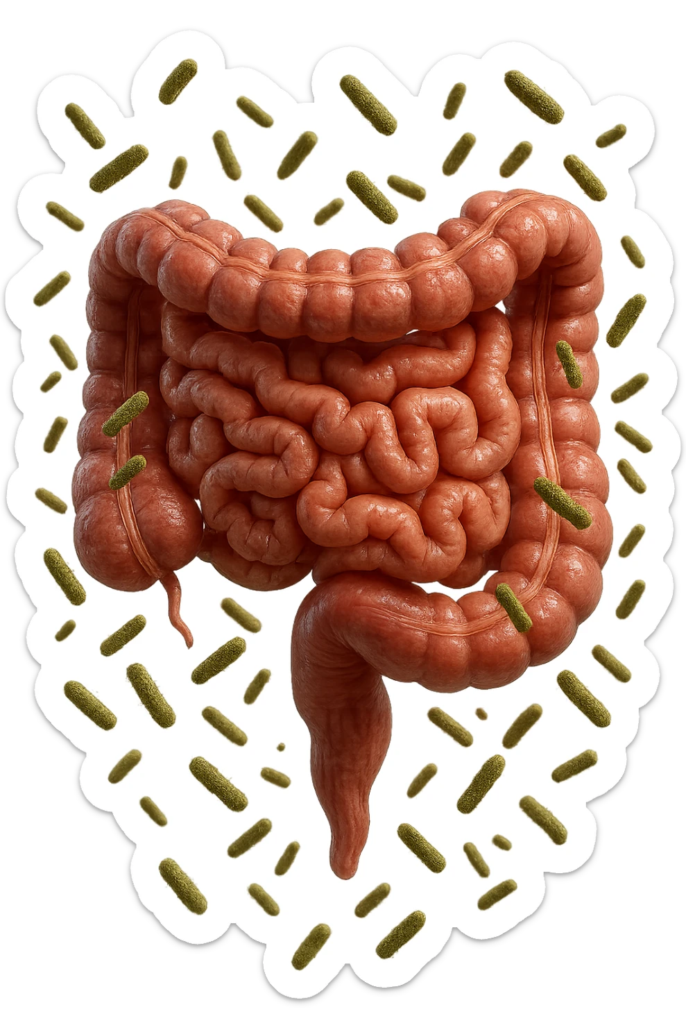 intestino umano anatomico con batteri intestinali che gli fluttuano intorno, iperrealistico 4k sticker