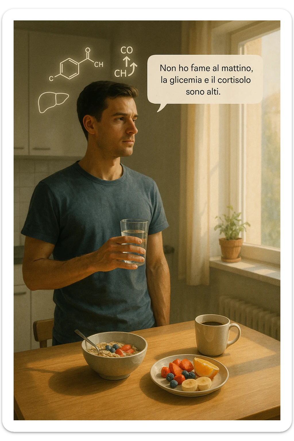 A realistic, cinematic illustration of a man in his early 30s with a lean, healthy build, standing calmly in a bright, minimal kitchen in the early morning. On the kitchen table, there is a prepared but untouched healthy breakfast (oatmeal, fruit, coffee). The man, with a neutral and focused expression, holds a glass of water while looking out of the window where morning sunlight enters. Above him, subtle glowing medical icons display: a glucose molecule, a cortisol hormone symbol, and a liver icon, indicating high morning blood sugar and cortisol levels. A small speech bubble or text overlay says: ‘Non ho fame al mattino, la glicemia e il cortisolo sono alti.’ The scene conveys a sense of calm, clarity, and body awareness, showing that the man consciously avoids breakfast due to physiological signals rather than restrizione. The style is realistic, warm, with a slight film grain, emphasizing health and conscious self-regulation. sticker