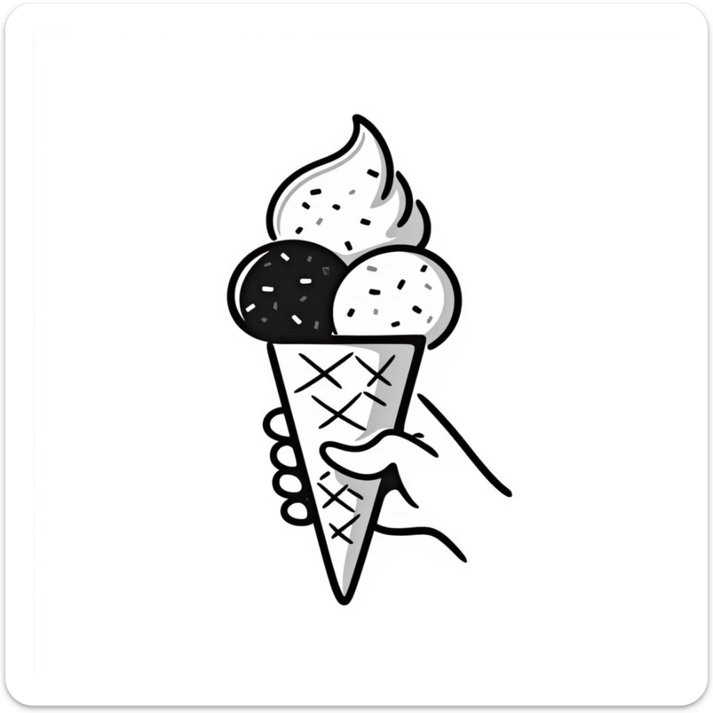 An ice cream cone with scoops of ice cream in pastel colors (dd9fb0, ffc6d3, a3bfc9, c4bee2, f1b091), hand-drawn doodle style sticker