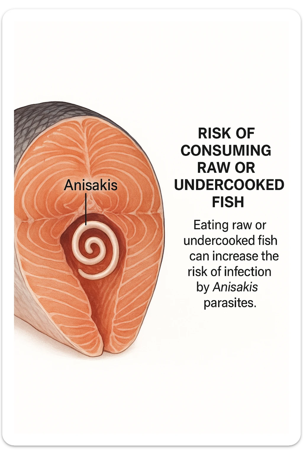 a close-up cross-section of a raw fish fillet, showing a white, coiled Anisakis parasite embedded in the muscle tissue. The parasite is clearly labeled, and the surrounding fish tissue is rendered in detail. The background is clean and white, with educational callouts explaining the risk of consuming raw or undercooked fish. sticker